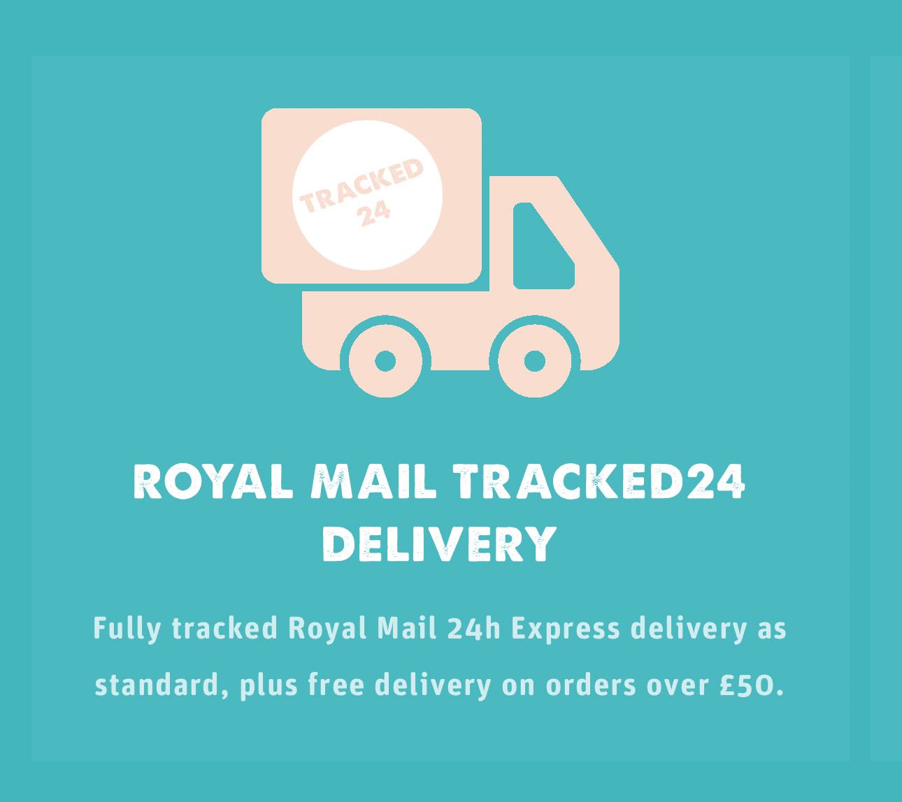 An illustration of a truck with the text 'TRacked 24' on the back, indicating a tracked 24-hour delivery service by Royal Mail.