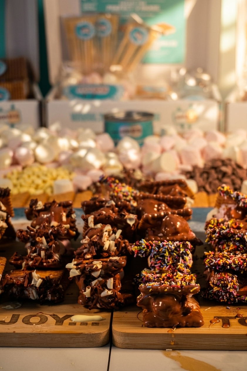 S'moresboard Party Pack ingredients laid out - s'mores party kit UK makes either 25 or 50 S'mores with Biscoff & Oreo crumb toppings